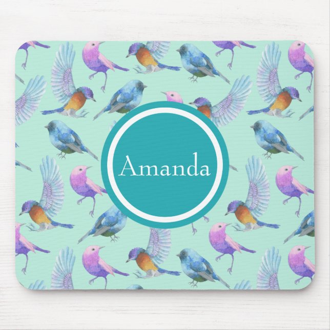Wild Exotic Birds Watercolor Pattern Personalized Mouse Pad (Front)