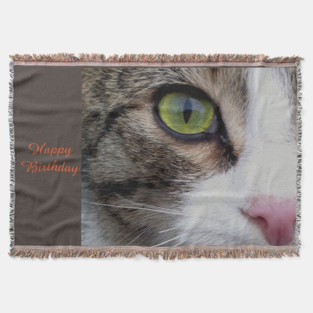 Wild Eyed Cat Throw Blanket - Happy Birthday (Front)