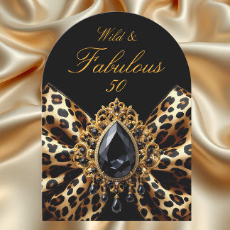 Wild Fabulous 50 Birthday Leopard Bow Black Jewel Invitation