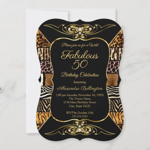 Wild Fabulous 50 Birthday Party Black Gold Animal Invitation