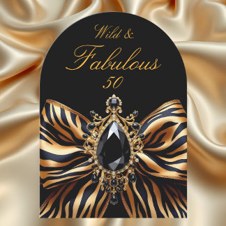 Wild Fabulous 50 Birthday Zebra Bow Black Jewel Invitation
