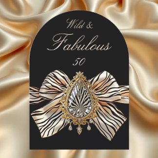 Wild Fabulous 50 Birthday Zebra Bow Gold Jewel Invitation