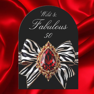 Wild Fabulous 50 Birthday Zebra Bow Red Jewel Invitation
