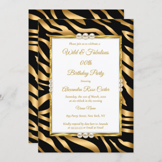 Wild & fabulous Gold Black zebra Photo Birthday Invitation