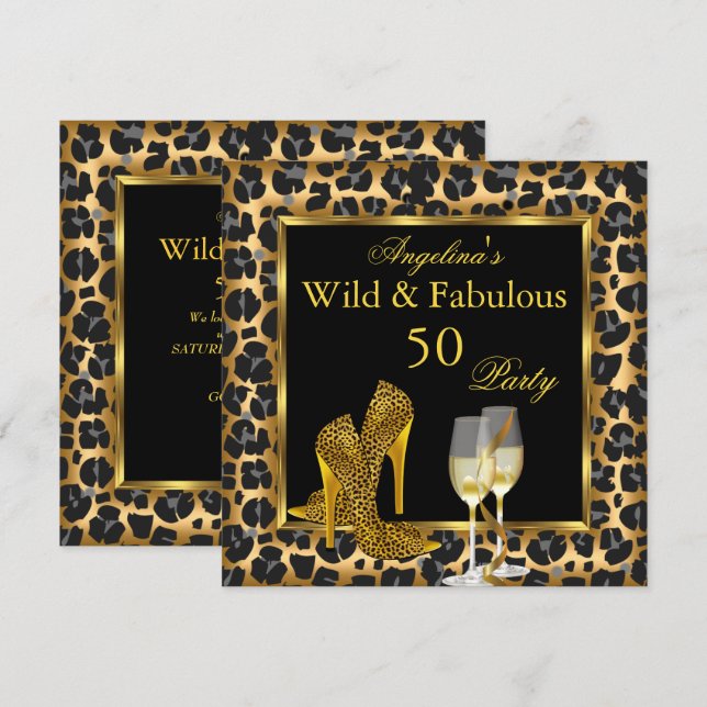 Wild & Fabulous Gold Leopard High Heels Birthday Invitation (Front/Back)