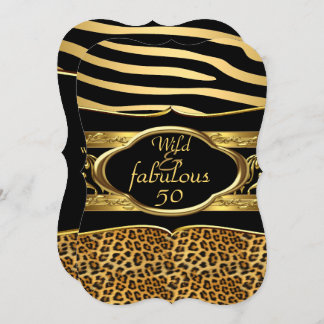 Wild Fabulous Zebra Leopard Black Gold Birthday 3 Invitation