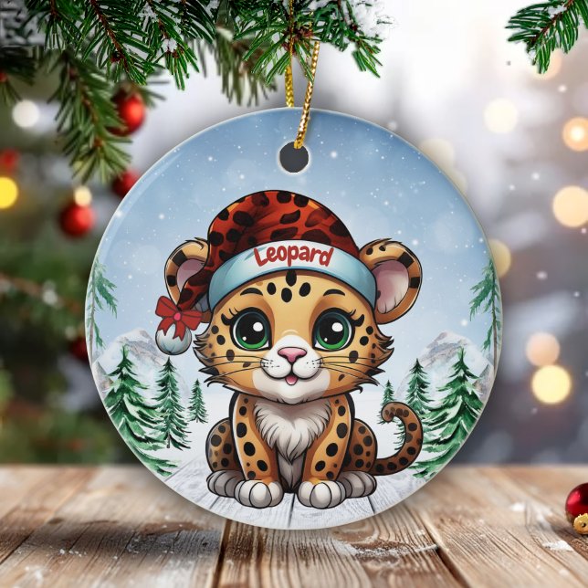 Wild Feline Lovers Woodland Wildlife Kitten 🐆🐈🐾 Ceramic Ornament (Custom Name Leopard Christmas Ornament Personalizable Cat Xmas Decor Kitty Holiday Decoration 🐆🎄)