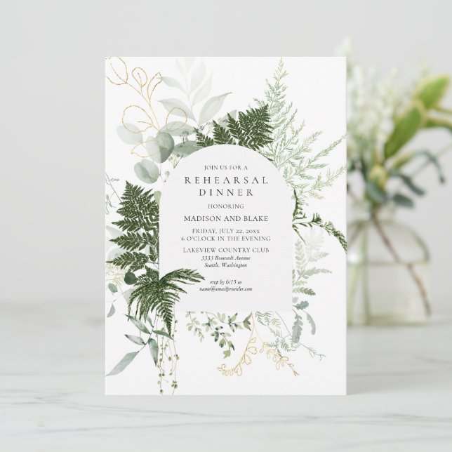 Wild Fern Greenery White Wedding Rehearsal Dinner Invitation (Standing Front)
