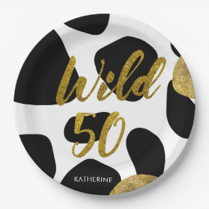 Wild Fifty Gold Animal Pattern Monogram Paper Plates