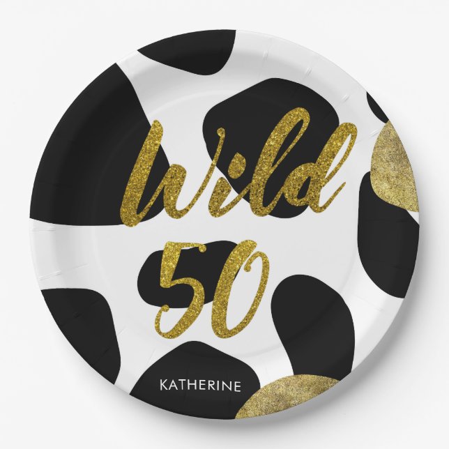 Wild Fifty Gold Animal Pattern Monogram Paper Plates (Front)