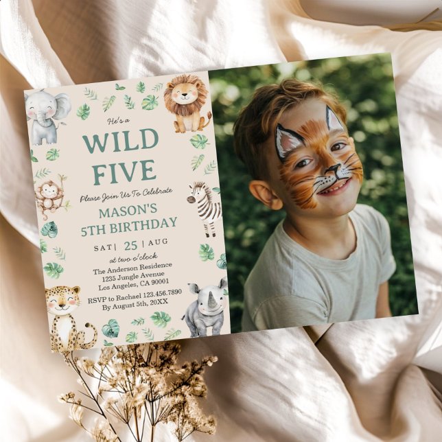 Wild Five Jungle Safari Animals Birthday Photo Invitation (Creator Uploaded)