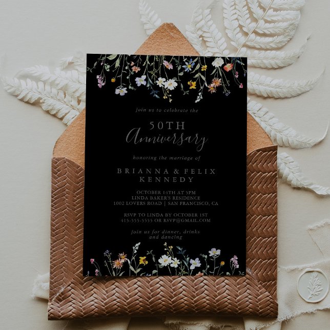 Wild Floral Black 50th Wedding Anniversary Invitation (Creator Uploaded)