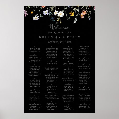Wild Floral Black Alphabetical Seating Chart