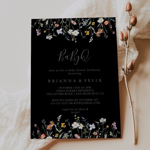 Wild Floral Black BabyQ Baby Shower Barbecue Invitation