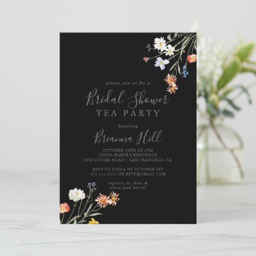 Wild Floral Black Bridal Shower Tea Party Invitation