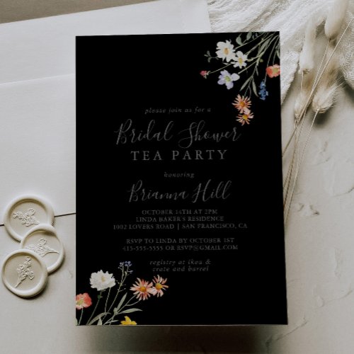 Wild Floral Black Bridal Shower Tea Party Invitation