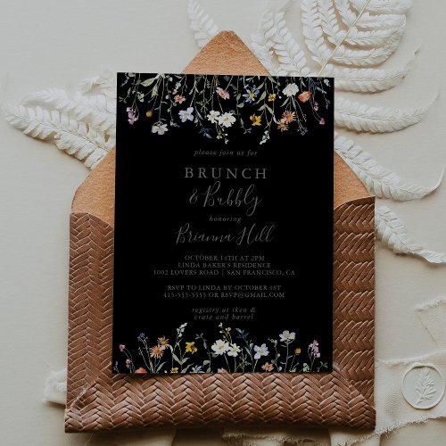 Wild Floral Black Brunch Bubbly Bridal Shower Invitation