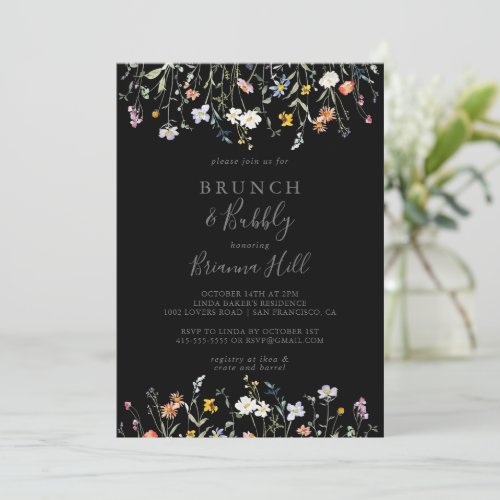 Wild Floral Black Brunch Bubbly Bridal Shower Invitation