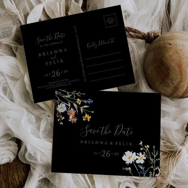 Wild Floral Black Horizontal Save the Date Postcard (Creator Uploaded)