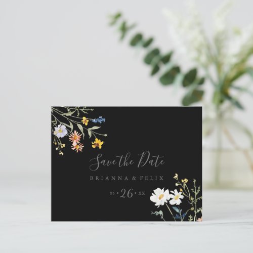 Wild Floral Black Horizontal Save the Date Postcard