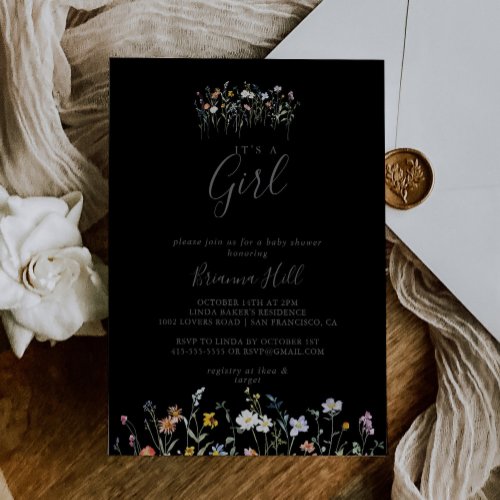 Wild Floral Black Its A Girl Baby Shower Invitation