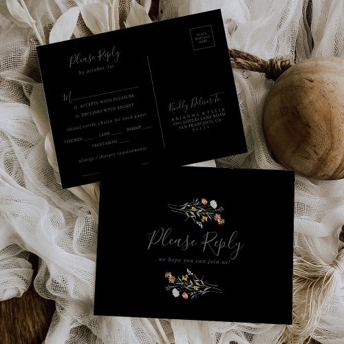 Wild Floral Black Menu Choice RSVP Postcard