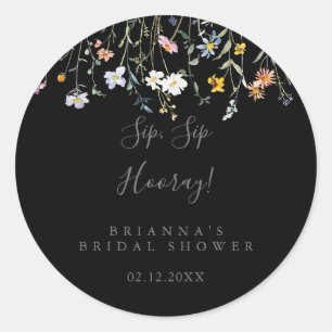 Wild Floral Black Sip Sip Hooray Bridal Shower Classic Round Sticker