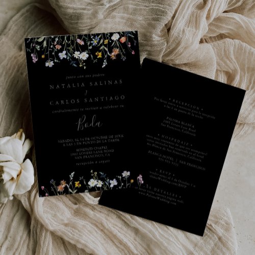 Wild Floral Black Spanish Front Back Wedding Invitation