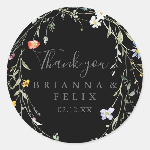 Wild Floral Black Thank You Wedding Favor Classic Round Sticker