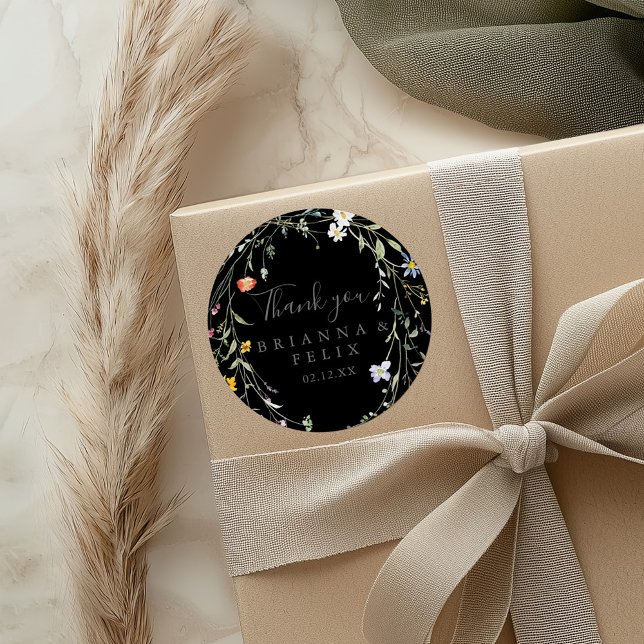 Wild Floral Black Thank You Wedding Favor Classic Round Sticker (Creator Uploaded)