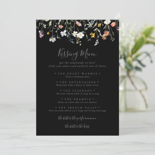 Wild Floral Black Wedding Kissing Menu Game Card