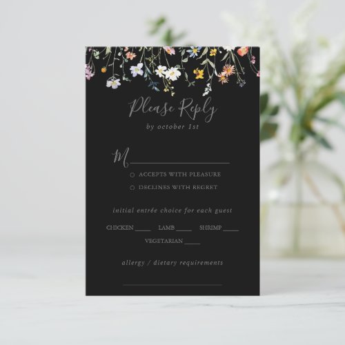 Wild Floral Black Wedding Menu Choice RSVP