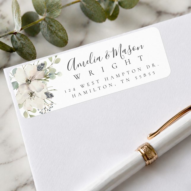 Wild Floral Blooms Elegant Script Return Address  Label (Greenery White Rose Elegant Script Return Address Label)