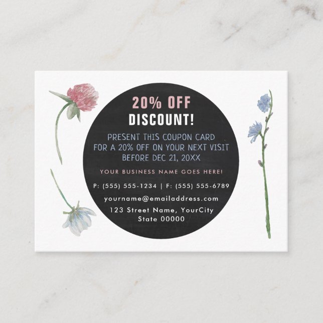 Wild Floral Chalkboard, Discount Voucher Enclosure Card (Front)