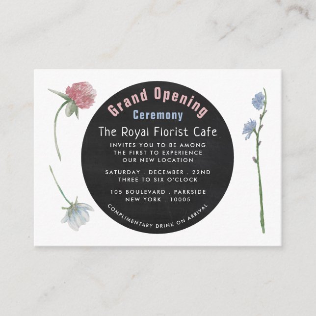 Wild Floral Chalkboard Grand Opening Ceremony Card (Front)