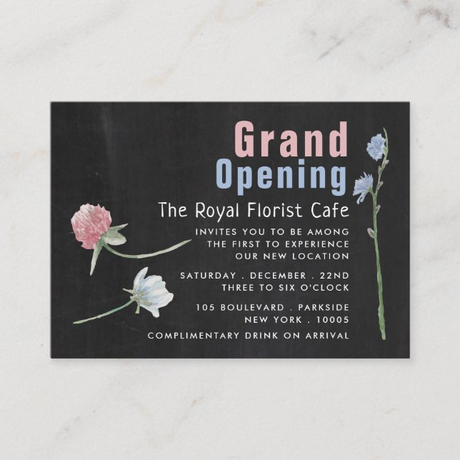 Wild Floral Chalkboard Grand Opening Ceremony Card (Front)