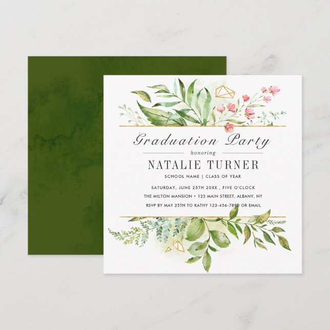 Wild Floral Green Foliage Graduation Party Invitation (Front/Back)