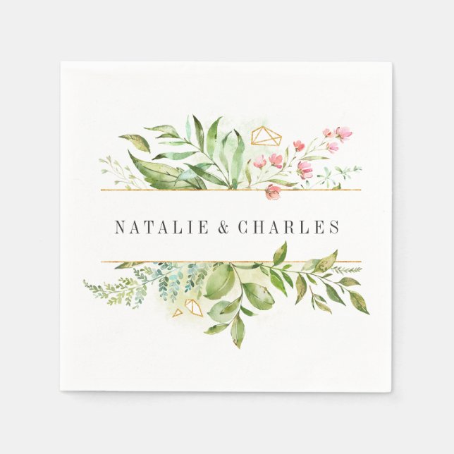 Wild Floral Green Foliage Personalized Wedding Napkins (Front)