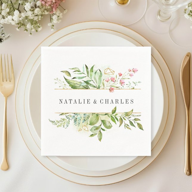 Wild Floral Green Foliage Personalized Wedding Napkins (Creator Uploaded)