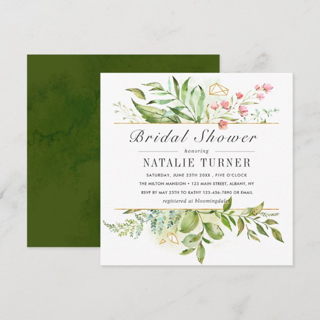 Wild Floral Green Foliage Watercolor Bridal Shower Invitation (Front/Back)