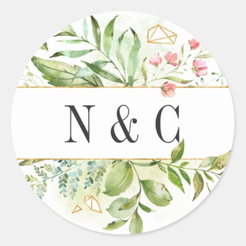 Wild Floral Green Foliage Watercolor Monogram Classic Round Sticker