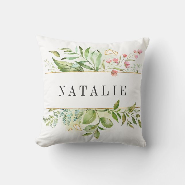 Wild Floral Green Foliage Watercolor Personalized Throw Pillow (Front)