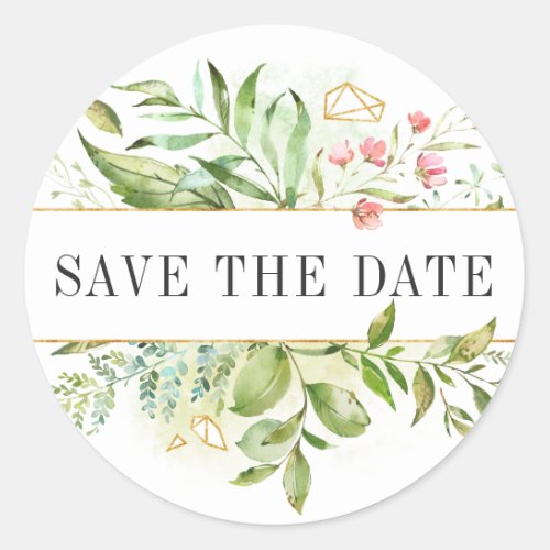 Wild Floral Green Foliage Watercolor Save the Date Classic Round Sticker