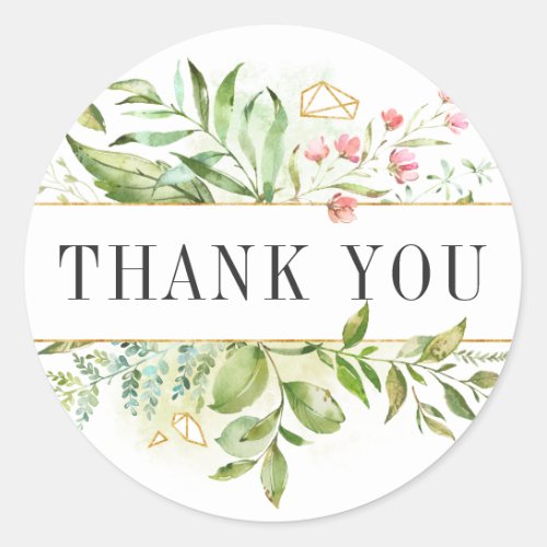 Wild Floral Green Foliage Watercolor Thank You Classic Round Sticker