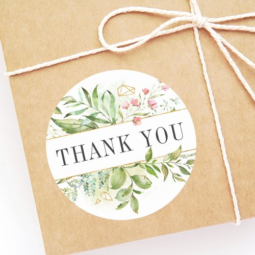 Wild Floral Green Foliage Watercolor Thank You Classic Round Sticker