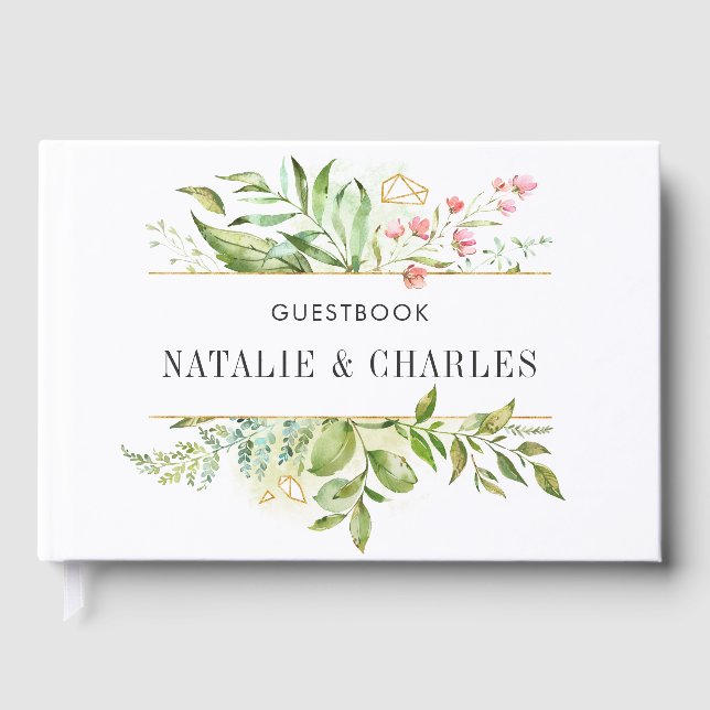 Wild Floral Green Foliage Watercolor Wedding Guest Book (Front)