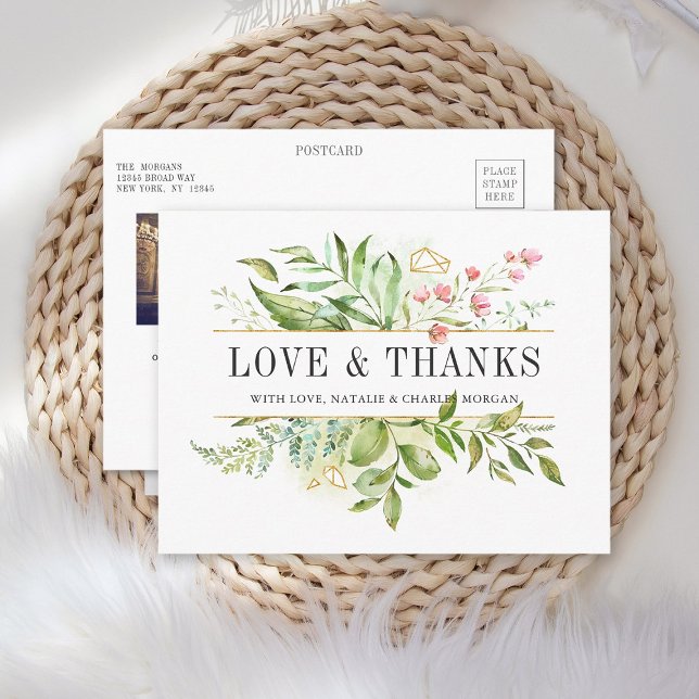 Wild Floral Green Foliage Wedding Photo Thank You Postcard (Front & Back)