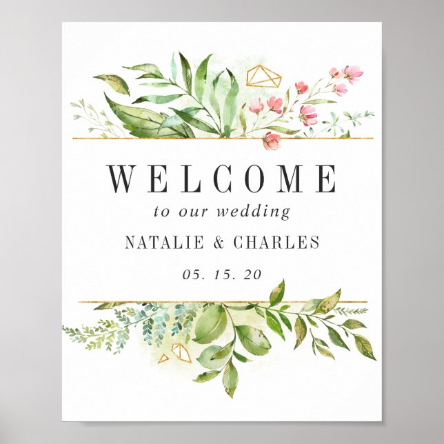 Wild Floral Green Foliage Welcome Wedding Sign (Front)