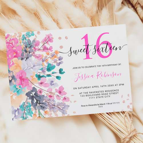 Wild floral watercolor glitter Sweet 16 photo