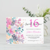 Wild floral watercolor glitter Sweet 16 photo Invitation (Standing Front)